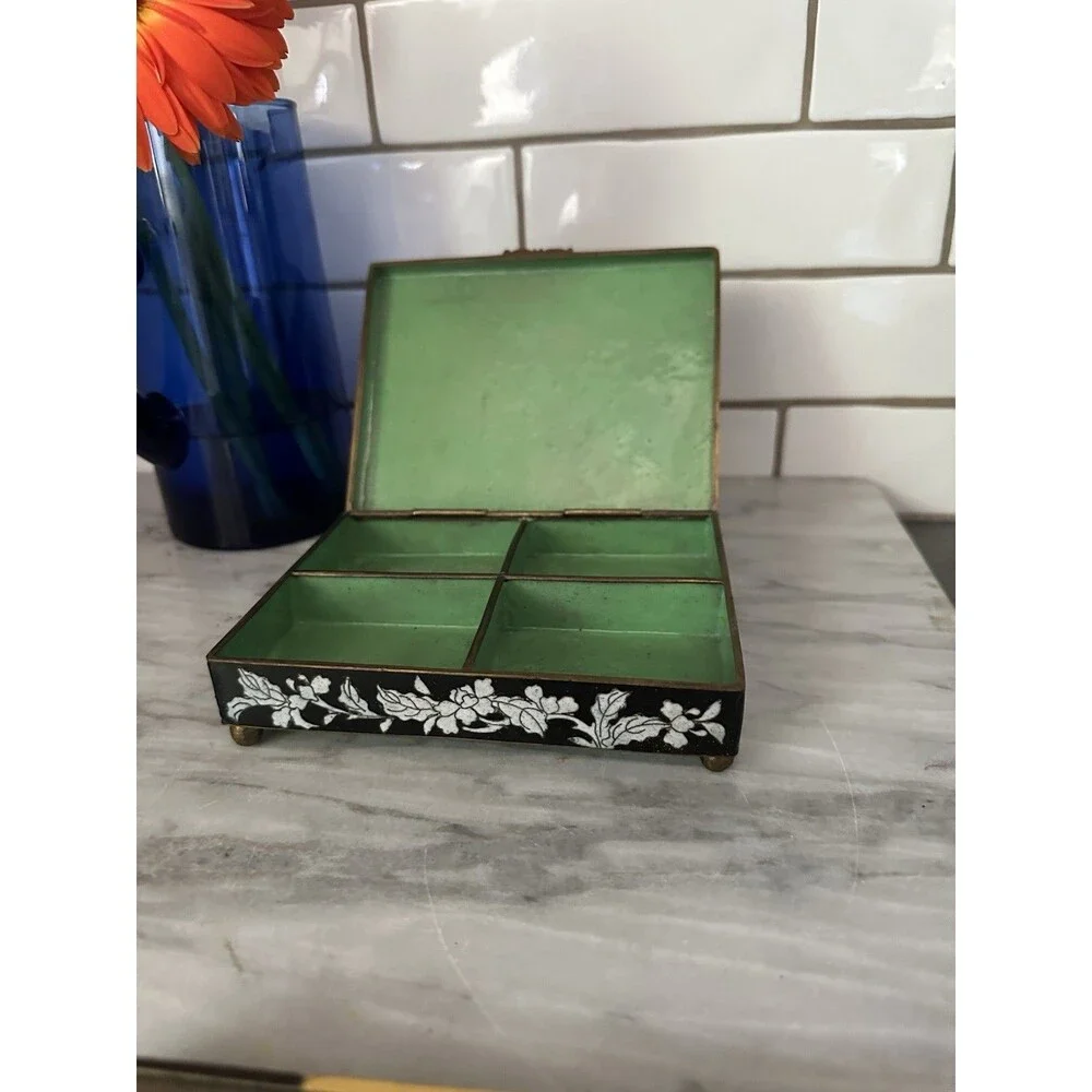 Early 20th Century Chinese Floral Cloisonné Cloisonne Black Box Brass Enamel